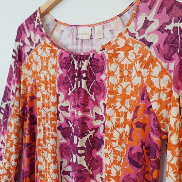 Chico's Mystic Batik Print Flare-Sleeve Top Orange Purple - Size 12 (2) - Picture 4 of 12